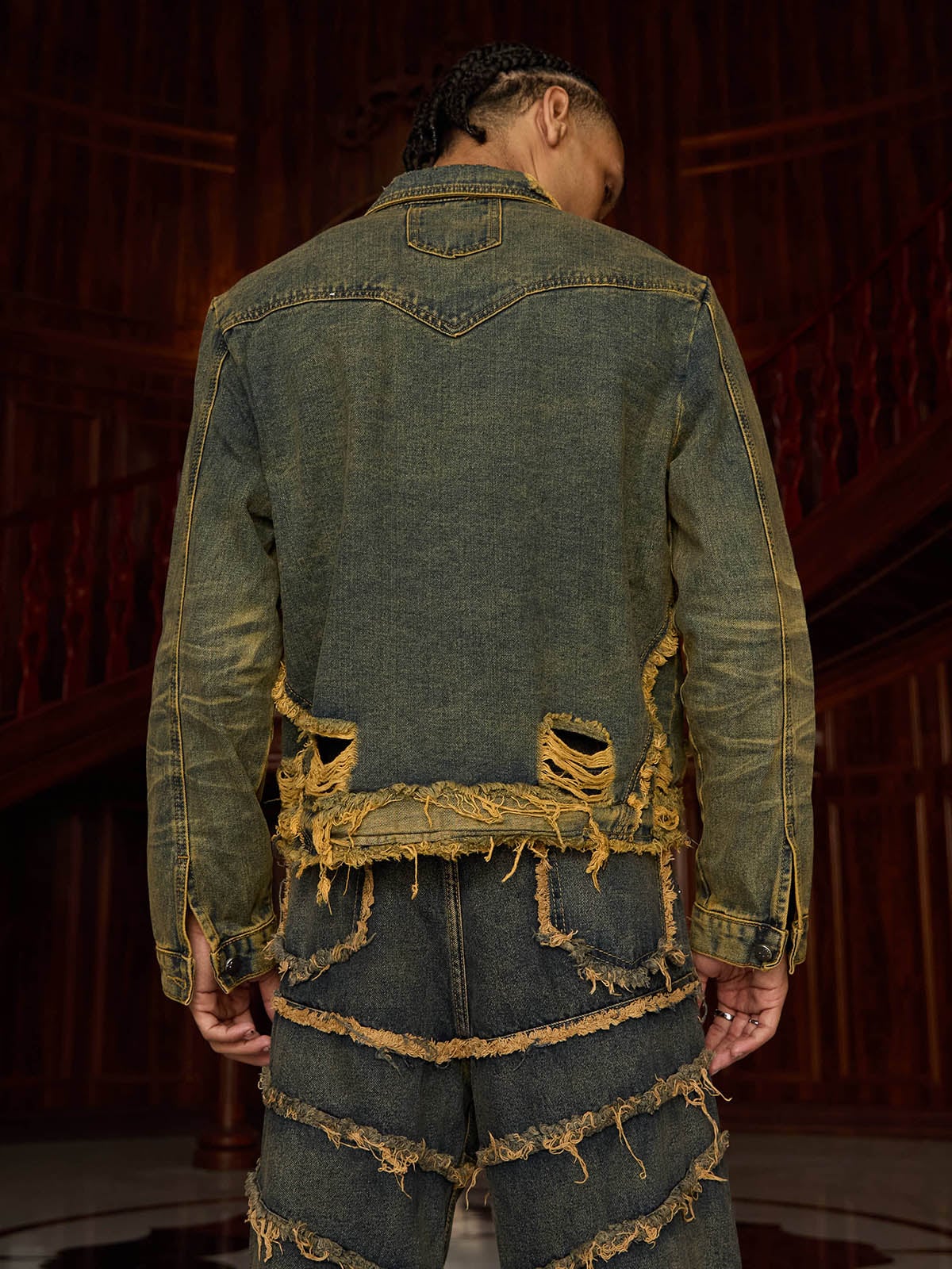Jaqueta Pavtros Studios Deconstructed Fringe Denim Jacket