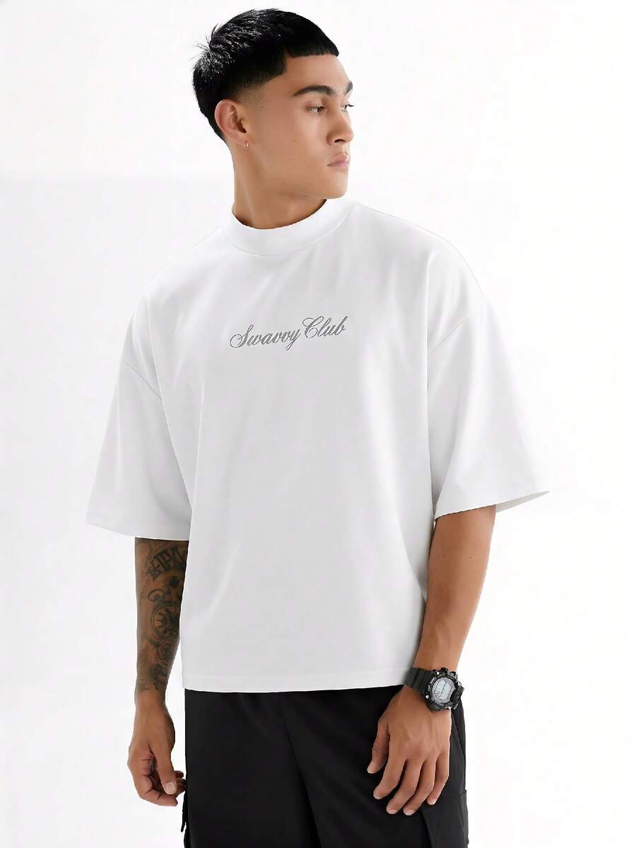 SWAVVY Camiseta Casual Masculina com Estampa de Letra, Decote Redondo e Ombros Caídos, Verão