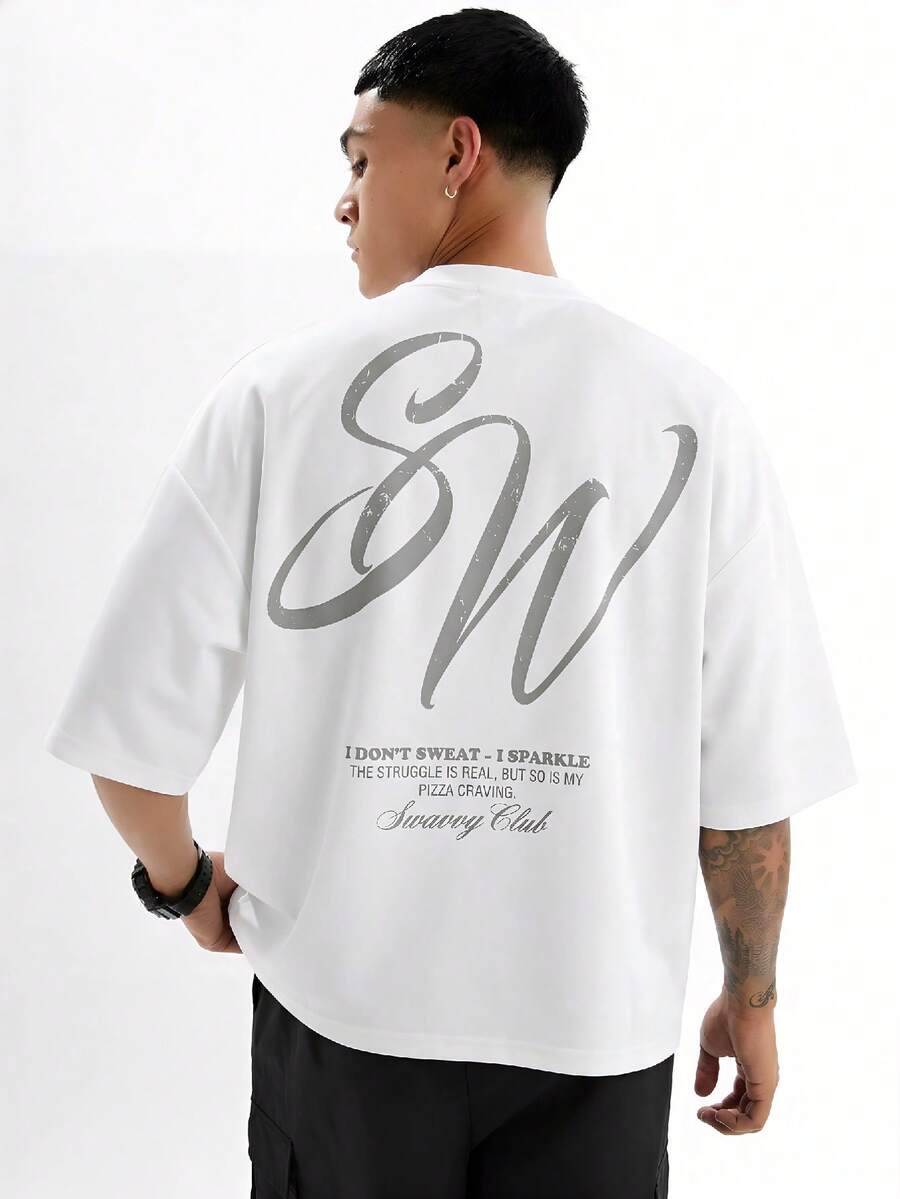 SWAVVY Camiseta Casual Masculina com Estampa de Letra, Decote Redondo e Ombros Caídos, Verão