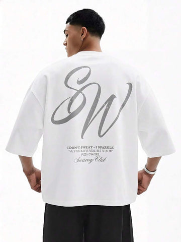 SWAVVY Camiseta Casual Masculina com Estampa de Letra, Decote Redondo e Ombros Caídos, Verão