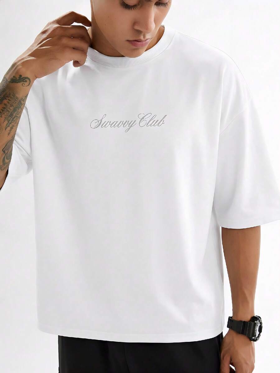 SWAVVY Camiseta Casual Masculina com Estampa de Letra, Decote Redondo e Ombros Caídos, Verão