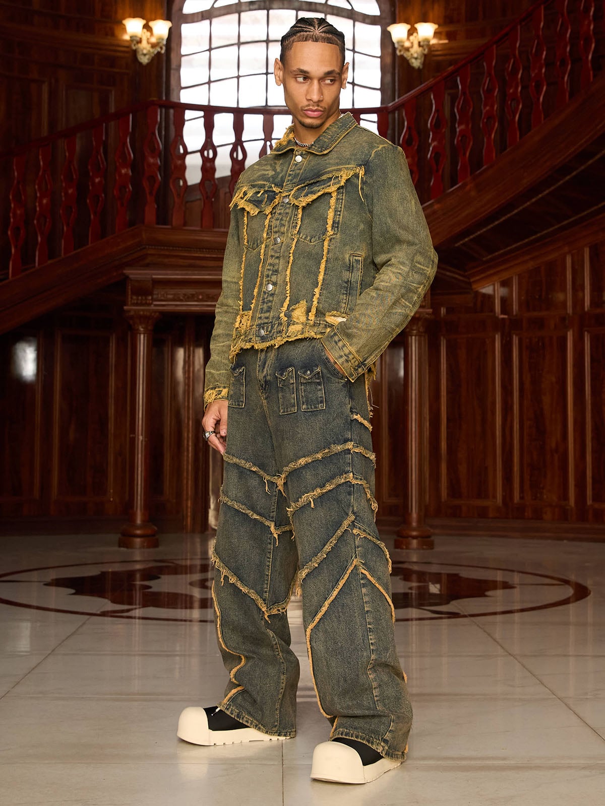 Jaqueta Pavtros Studios Deconstructed Fringe Denim Jacket