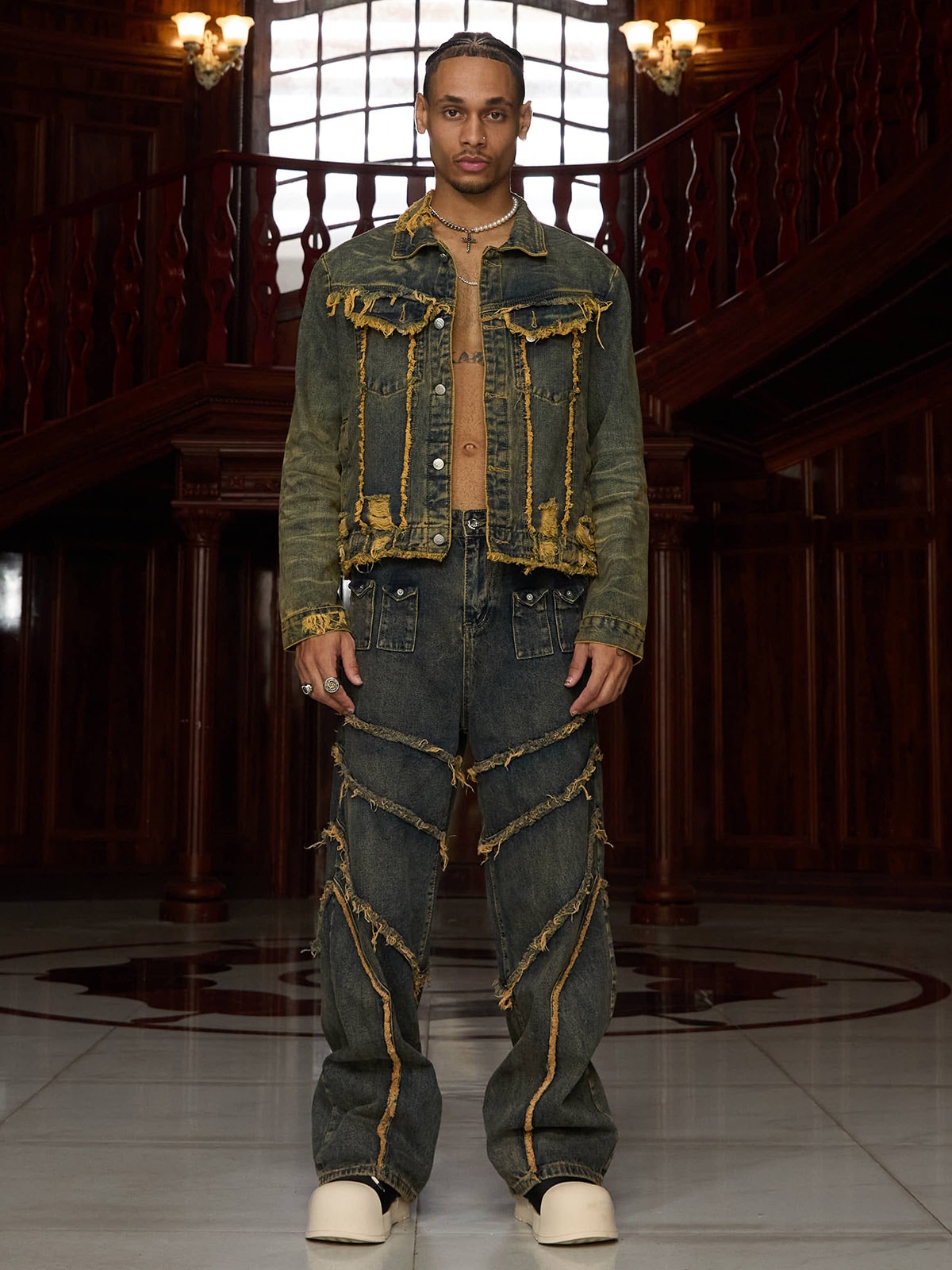 Jaqueta Pavtros Studios Deconstructed Fringe Denim Jacket