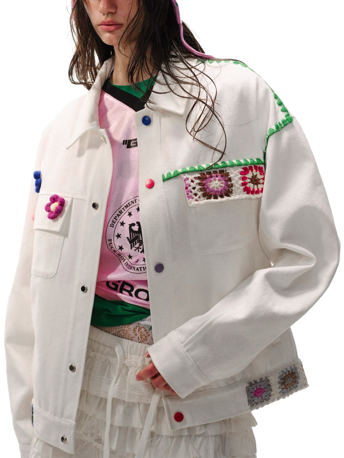 Jaqueta Pavtros Studios Crochet Patch Denim Jacket