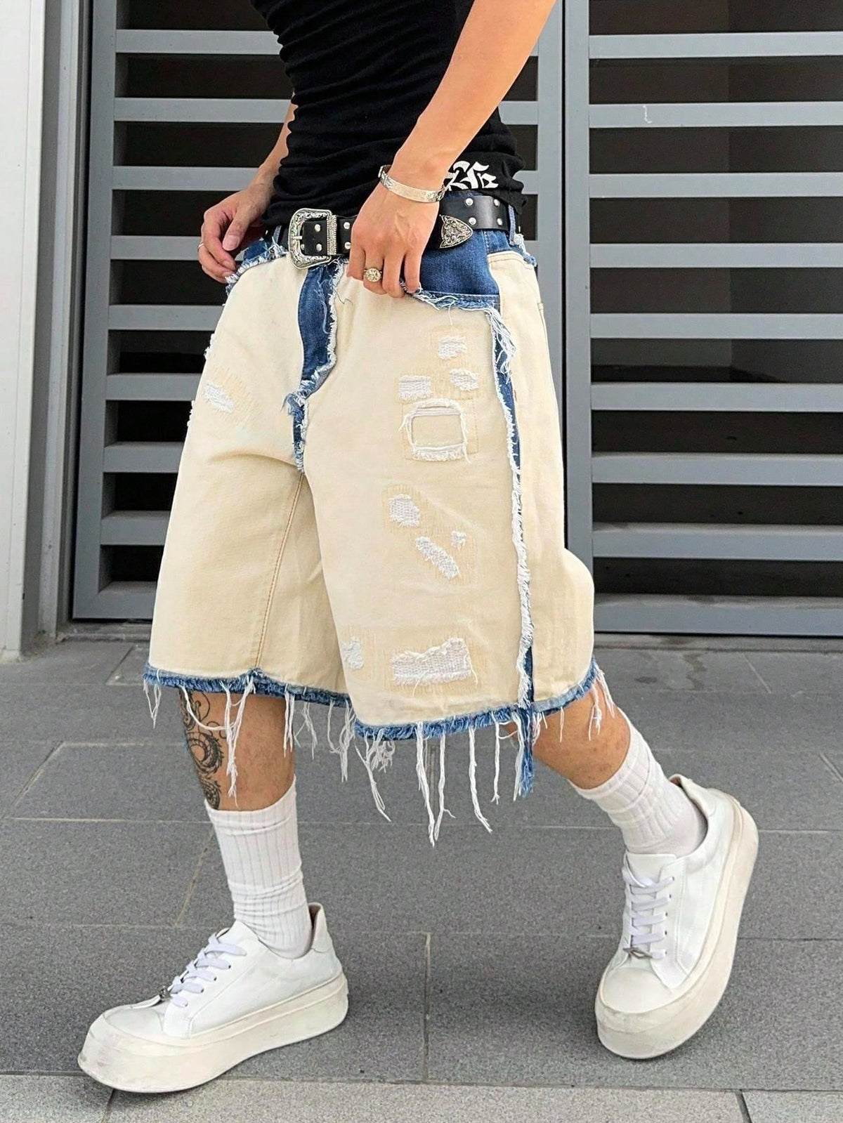 Short Pavtros Denim Bege Punk Jeans